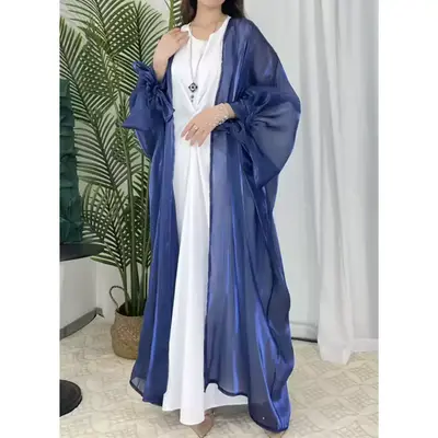 Shiny Puff Sleeve Organza Open Abaya