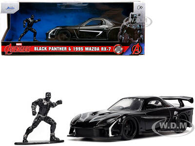 1995 Mazda RX-7 RHD (Right Hand Drive) Black and Black Panther Diecast Figure The Avengers Hollywood Rides Series 1/32 Di...