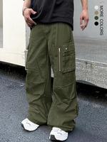 Unisex's Loose Solid Button Drawstring Waist Cargo Pants, Street Fashion Casual Oversized Pocket Elastic Waist Wide Leg Trous...