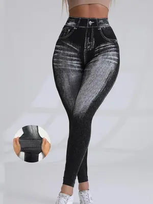 Women's Denim-effect Print High Waist Sports Leggings, Casual Sporty Comfy Breathable Skinny Pants for Yoga Gym Workout Runni...