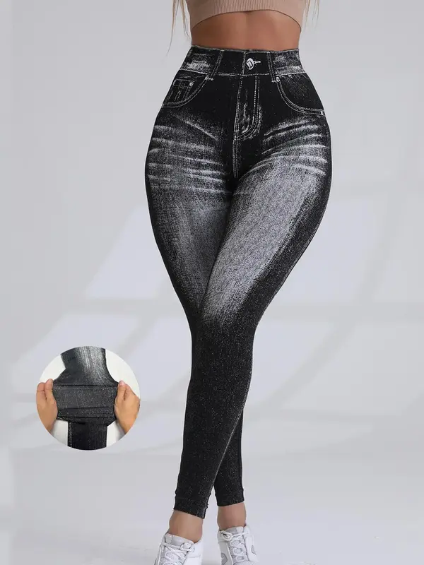Women's Denim-effect Print High Waist Sports Leggings, Casual Sporty Comfy Breathable Skinny Pants for Yoga Gym Workout Runni...