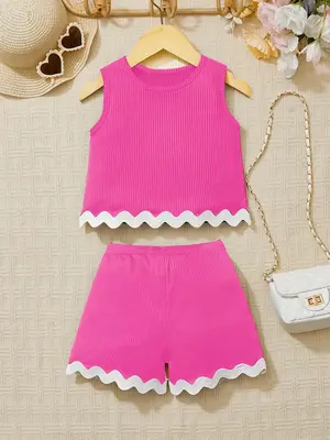 Two-piece Set Girl's Colorblock Ribbed Tank Top & Shorts Set, Casual Sleeveless Top & Shorts for Summer, Kids Clothes for Dai...