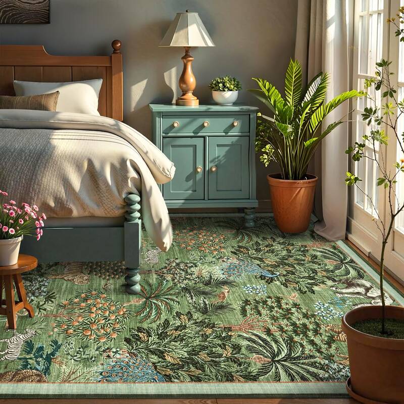 Garvee Jungle Green 9x12 Washable Non Slip Botanical Print Rug Soft Ultra Thin Durable for Living Room Bedroom Nursery