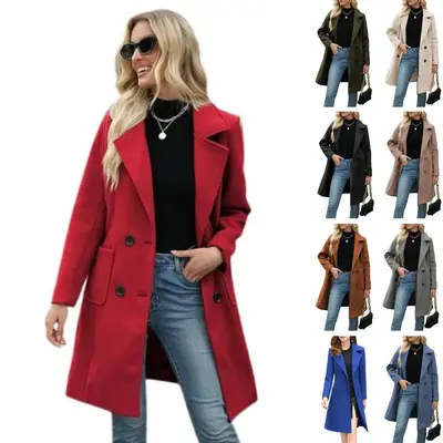 SCUSTY Women Winter Wool Blend Camel Mid-Long Coat Notch Double-Breasted Lapel Jacket Outwear