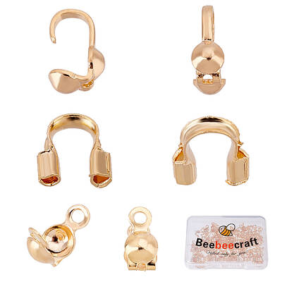 Beebeecraft 150Pcs 3 Style 18K Gold Plated Wire Guardian 4mm Cup Bead Tips Knot Covers U Shape Wire Guard Loops for DIY Brace...