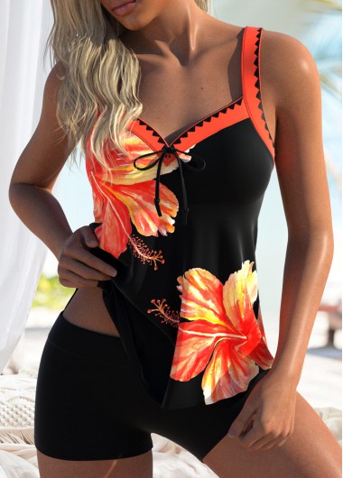 Modlily V-Neck Floral Print Orange Tankini Set - L