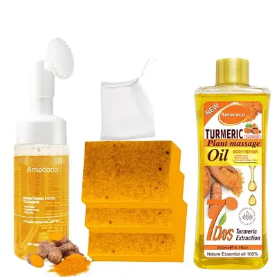 Amococo Turmeric Wash and Care Three PieceSet, Turmeric massage oil, TurmericCleansing Mousse, Turmeric SoapFacial Cleansing ...