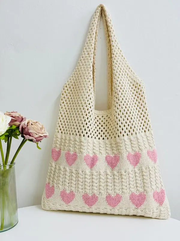 Elegant Heart Pattern Crochet Bags, Cute Large Capacity Shoulder Bag for Women & Girls, Chic Summer Beach Tote Bag, Valentine...