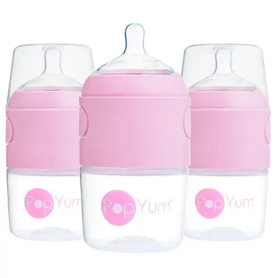 PopYum 5 oz Pink Anti-Colic Formula Making Baby Bottle, 3-Pack with #1 Slow Flow Nipples