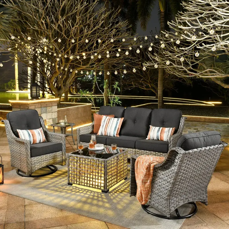 【4 Packages Shipping】Ovios 5 Pieces Outdoor Patio Furniture with 3-Seat Sofa,Rattan Wicker Coversation Set with Swivel Ro...