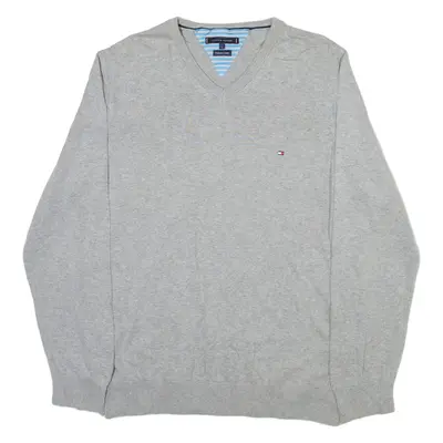 TOMMY HILFIGER Mens Jumper Grey V-Neck Tight Knit L