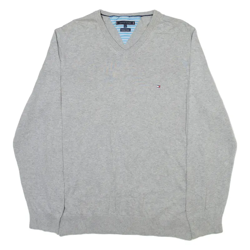 TOMMY HILFIGER Mens Jumper Grey V-Neck Tight Knit L