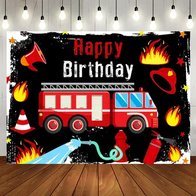 Aperturee Red Fire Truck Black Birthday Backdrop For Boy