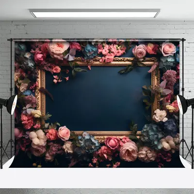 Vintage Picture Frame Floral Dark Blue Backdrop - Aperturee