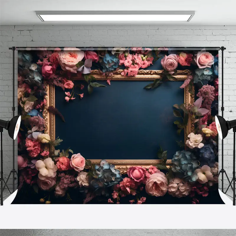 Vintage Picture Frame Floral Dark Blue Backdrop - Aperturee