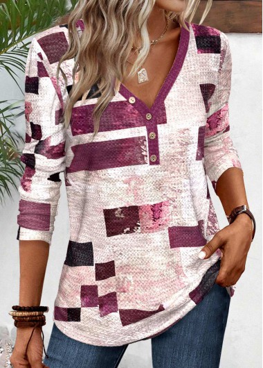 Modlily Dark Reddish Purple Button Geometric Print T Shirt - XXL