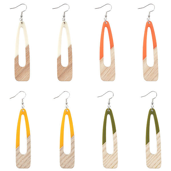 4 Pair 4 Color Resin & Wood Dangle Earrings