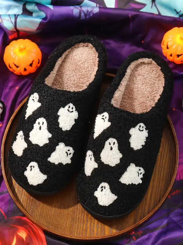 Women's 2024 Cute Cartoon Ghost Print Plush Slippers, Soft Comfortable Home Slippers, Warm Slippers for Indoor & Outdoor Use ...
