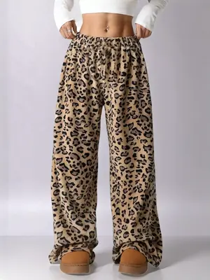 Women's Leopard Print Bow Decor Wide Leg Pants, Casual Comfy Stretchy Trousers for Daily Wear, Ladies Bottoms for Fall & Wint...