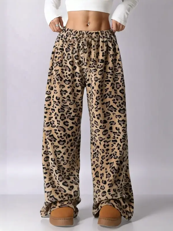 Women's Leopard Print Bow Decor Wide Leg Pants, Casual Comfy Stretchy Trousers for Daily Wear, Ladies Bottoms for Fall & Wint...