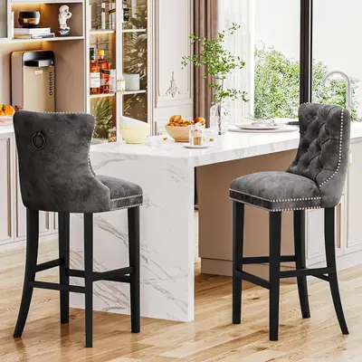 Hooseng 27''H Counter Bar Stools Set of 2, Velvet Tufted Upholstered with Back and Footrest, for Kitchen Island, Chrome Nailh...