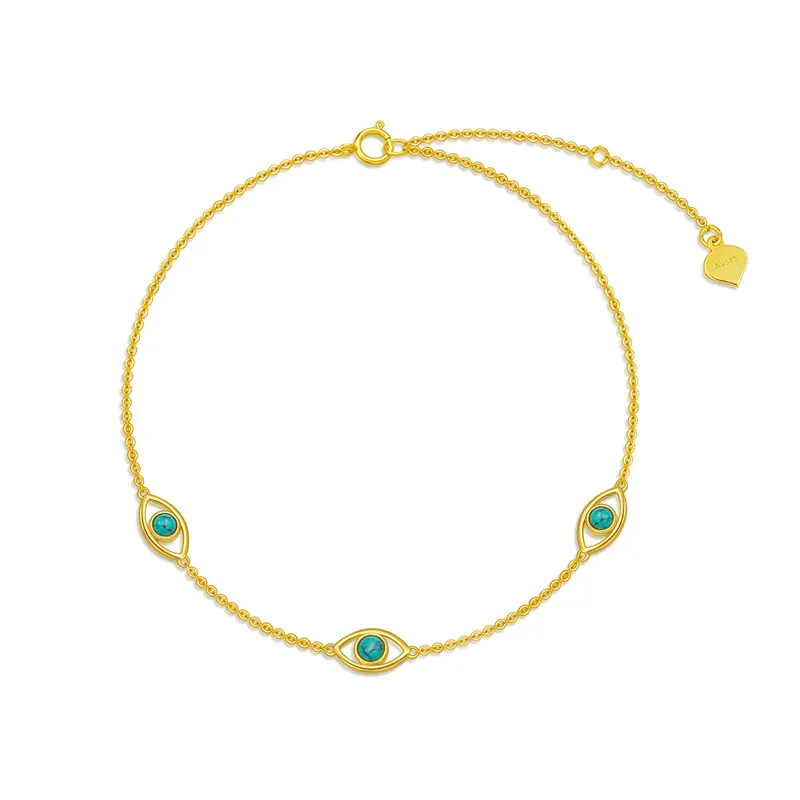 14K Gold Circular Shaped Turquoise Evil Eye Charm Bracelet
