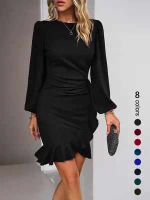 Women's Plain Ruched Ruffle Trim Zipper Bodycon Dress, Elegant Bishop Sleeve  Short Dress for Party Holiday Wedding Guest, La...