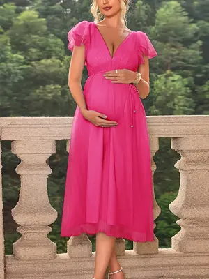 Maternity Solid Butterfly Sleeve Tulle Dress, Elegant Tie Back Deep V Neck Midi Dress for Party Wedding Guest, Maternity Dre...