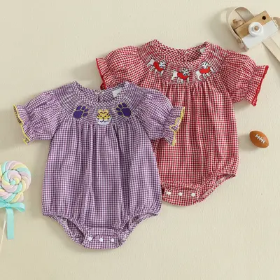 Newborn Baby Girls Romper Short Sleeve Plaid Embroidery Animal Infant Bodysuit Summer Clothes 0-18 Months