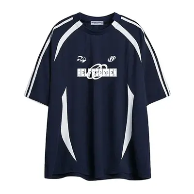 AELFRIC EDEN Unisex Contrast Color Stripe Racing Tee Navy Blue Sporty Design 100% Polyester Summer Sports Sweatshirt