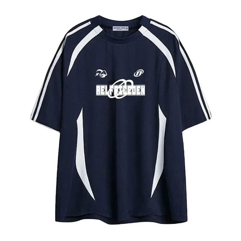 AELFRIC EDEN Unisex Contrast Color Stripe Racing Tee Navy Blue Sporty Design 100% Polyester Summer Sports Sweatshirt
