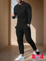 Men's Solid Zipper Solid Color Polo Shirt and Drawstring Waist Pants Set, Fashion Longsleeves Collared Top & Trousers with Pr...