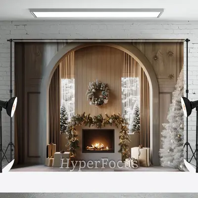 Modern Grey Fireplace Wreath Christmas Backdrop - Aperturee