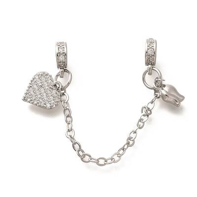 Brass Clear Cubic Zirconia European Safety Chains with Heart & Rose Charms