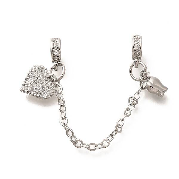 Brass Clear Cubic Zirconia European Safety Chains with Heart & Rose Charms