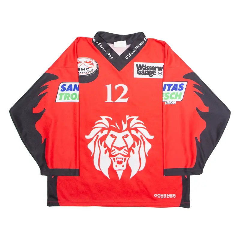 OCHSNER #12 Swiss Ice Hockey Boys Jersey Red 3/4 Sleeve V-Neck M