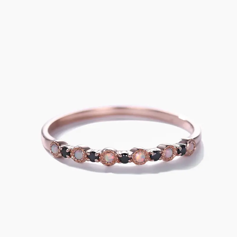 Opal Black Onyx Wedding Band 14k Rose Gold Stackable Milgrain Ring for Her