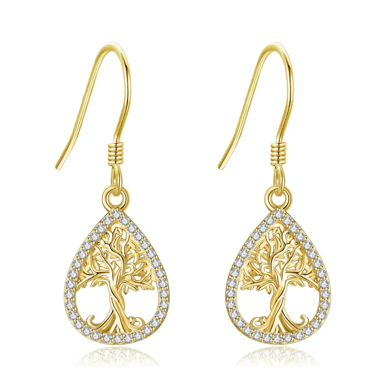 14K Gold Circular Shaped Cubic Zirconia Tree Of Life Drop Earrings