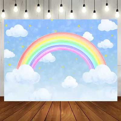 Aperturee Blue Sky Cloud Rainbow Star Backdrop for Birthday