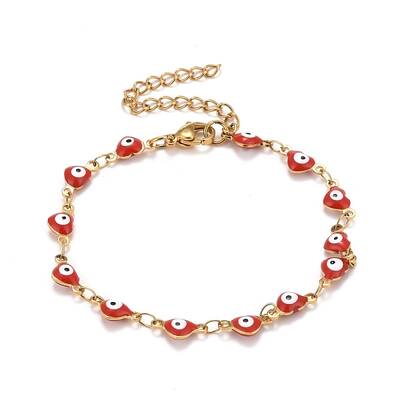 Enamel Heart with Evil Eye Link Chains Bracelet