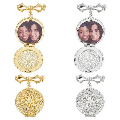 4Pcs 2 Colors Brass Flat Round Locket Pendant Brooch for wedding Photo