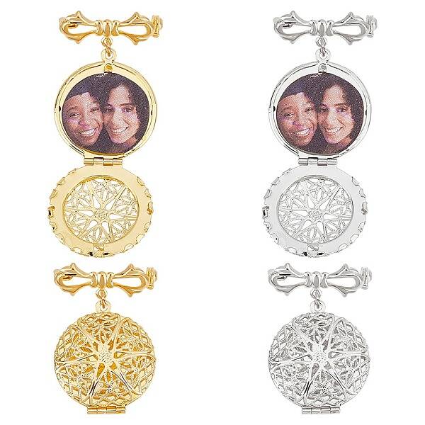 4Pcs 2 Colors Brass Flat Round Locket Pendant Brooch for wedding Photo