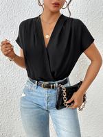 Women's Plain Wrap Batwing Sleeve Bodysuit, Casual Elegant Deep V Neck Short Sleeve Bodysuit, Women's Summer Clothes for Dail...