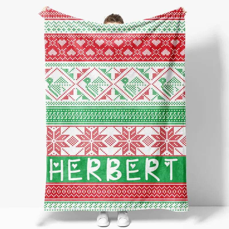 Aperturee Red Green Christmas Vibe Pattern Custom Name Blanket, 30x40in(76x102cm), 26 USD, name blankets, YZBD0O36-S