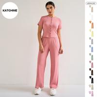 KatchMe Women's Basic Solid Color Button-Up Short Sleeve Slim Top & Plicated Wide Leg Trousers Co-ord, Comfort Basic Co-ord S...
