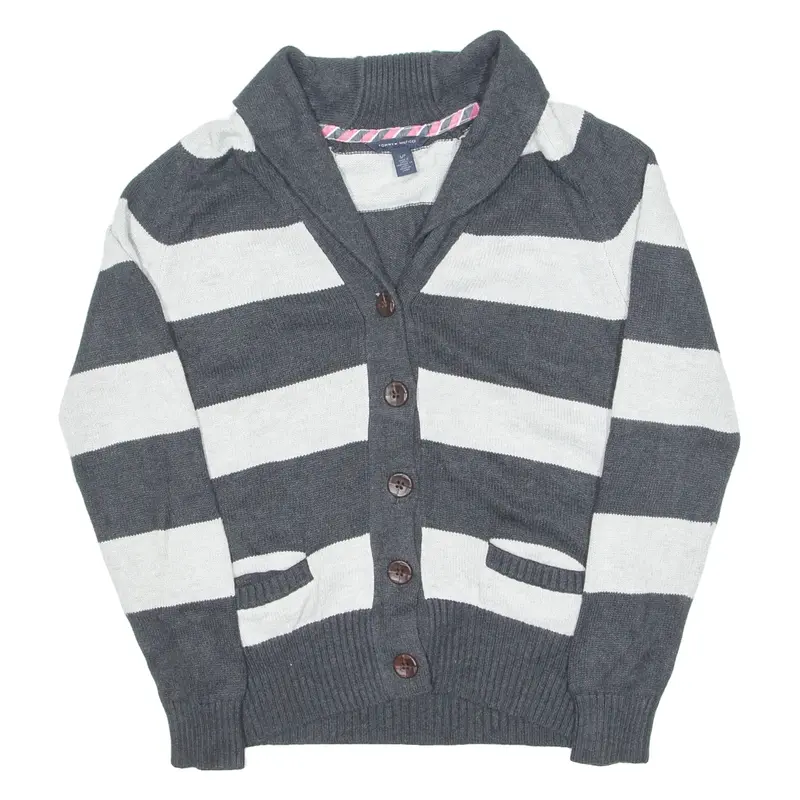 TOMMY HILFIGER Womens Patterned Cardigan Grey Striped Roll Neck Tight Knit S