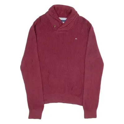 TOMMY HILFIGER Mens Jumper Red Button Neck Tight Knit S