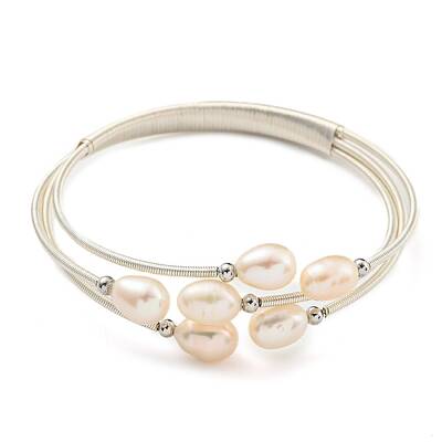 Three-Loops Brass & Natural Freshwater Pearl Beaded Wrap Bracelets for Women