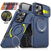 [Free !ship] for iPhone 16 Pro Max 15 14 13 12 11 For MagSafe Case Magnetic Ring Stand Case with Slide Lens Cover Ring Kickst...