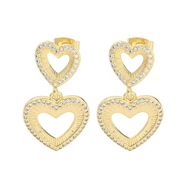 Hollow Heart Brass Pave Clear Cubic Zirconia Dangle Stud Earrings